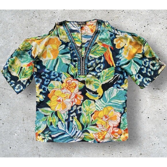 MELISSA PAIGE Top Women’s Blouse Sheer Floral Beaded Cold Shoulder Tunic Medium - Picture 1 of 12